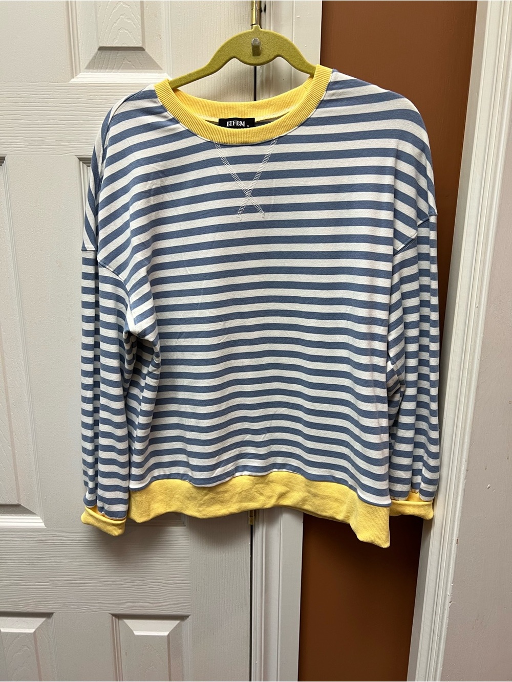 Striped Blue & White Sweatshirt with Yellow Trim
